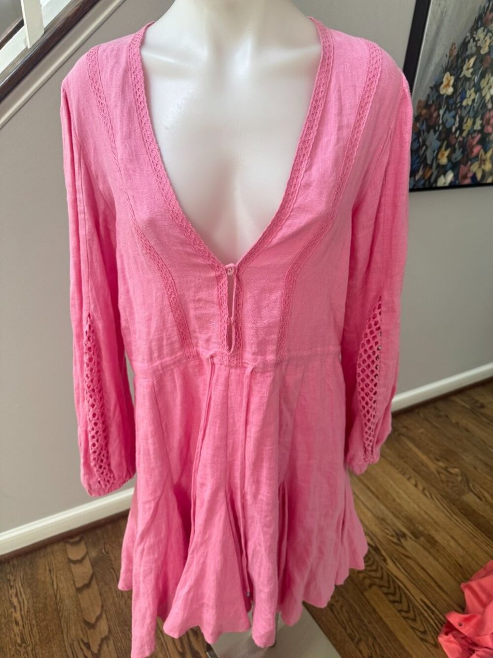 A Mere Co Resort 100% Linen Long Sleeve Mini Dress Pink Size Large